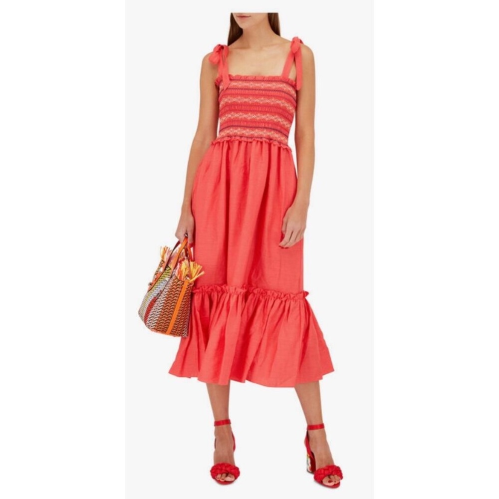 Cara Cara NYC Jenny Hibiscus Linen Smocked Tie Shoulder Midi Dress Size M